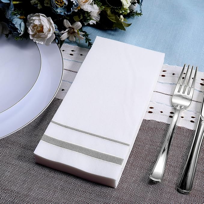 FOCUSLINE 200 Linen Feel Disposable Bathroom Napkins, Soft and Absorbent Paper Guest Towels, Cloth-Like Hand Towels Decorative Paper Napkins for Parties, Weddings, Dinners or Events, Silver, 12" x 17"