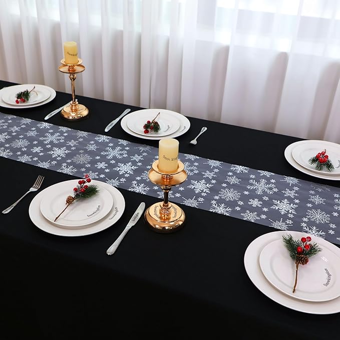 Snowkingdom 2 Pcs Christmas Snowflake Silver Table Runner, 108 Inch Sparkly Silver Glitter Metallic Foil Runners Decorations for Seasonal Winter Festival Holiday Home Party