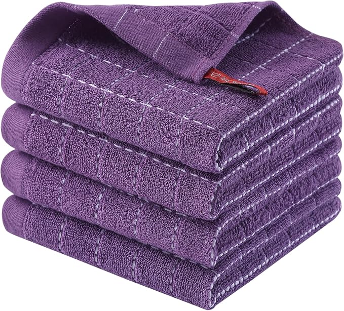 Homaxy 100% Cotton Terry Kitchen Dish Cloths, Ultra Soft and Absorbent Dish Towels for Kitchen, Suitable for Drying and Washing Dishes, 4 Pack, 12 x 12 Inches, Purple