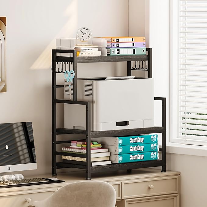 23.6"W Large Kitchen Countertop Organizer, 3 Tier Spice Rack Organizer with Adjustable Shelf and 10 Hooks, Wooden Counter Organizer, Countertop Shelf Microwave Stand for Kitchen, Coffee Bar, Black
