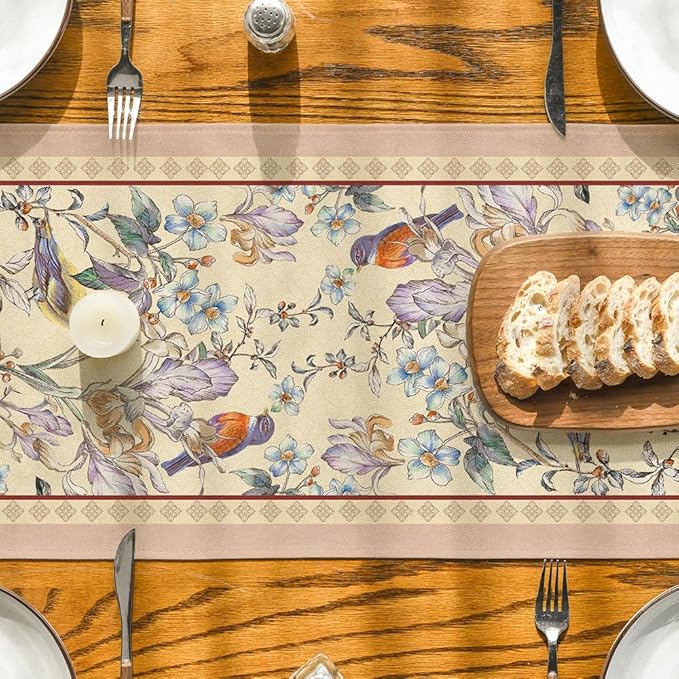 Artoid Mode Beige Birds Floral Blossom Table Runner, Seasonal Flowers Spring Kitchen Dining Table Decoration for Home Party Decor 13x72 Inch