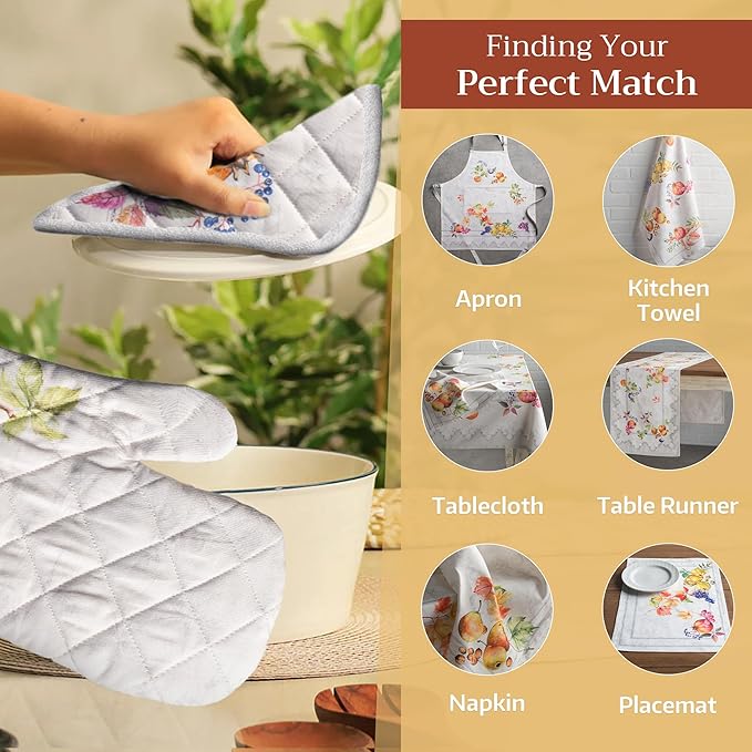 Maison d' Hermine Pot Holders Set 100% Cotton Heat Resistant Potholders 8" x 8" Hot Pads with Loop for Thanksgiving Christmas Decorations BBQ Baking Handling Hot Pans (Pack of 2, Fruit D'Hiver)