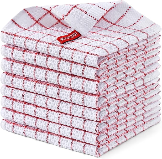 Homaxy 100% Cotton Dish Cloths, 8 Pack-12 X 12 Inches, Check Design Waffle Weave Dish Rags for Washing Dishes, Ultra Absorbent and Fast Drying Dishcloths, Red