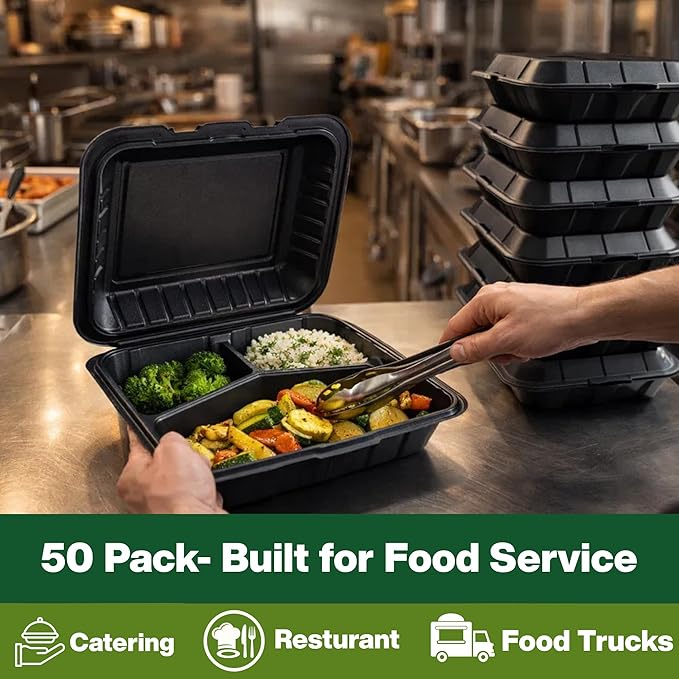 9x9 3-Compartment Hinged Vented Food Containers, 50 Pack – Clamshell Takeout Containers, Meal Prep Food Storage, 3 Compartment Food Containers, To Go Boxes & Cake Slice Box - Black