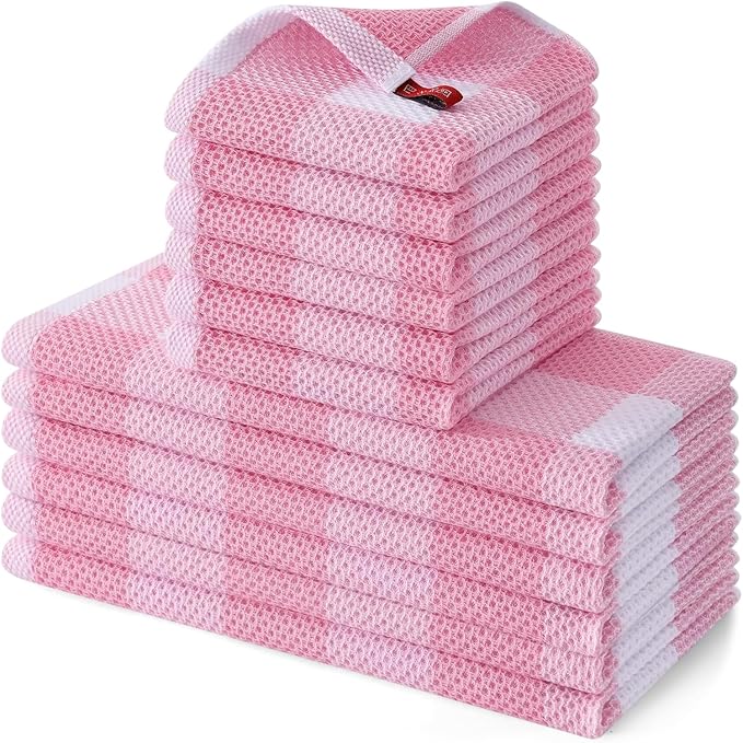 Homaxy Kitchen Towels and Dishcloths Set, 12 x 12 and 13 x 28 Inches, Set of 12 100% Cotton Waffle Weave Check Plaid Kitchen Dish Towels, Super Soft and Absorbent Dish Cloths, White & Pink
