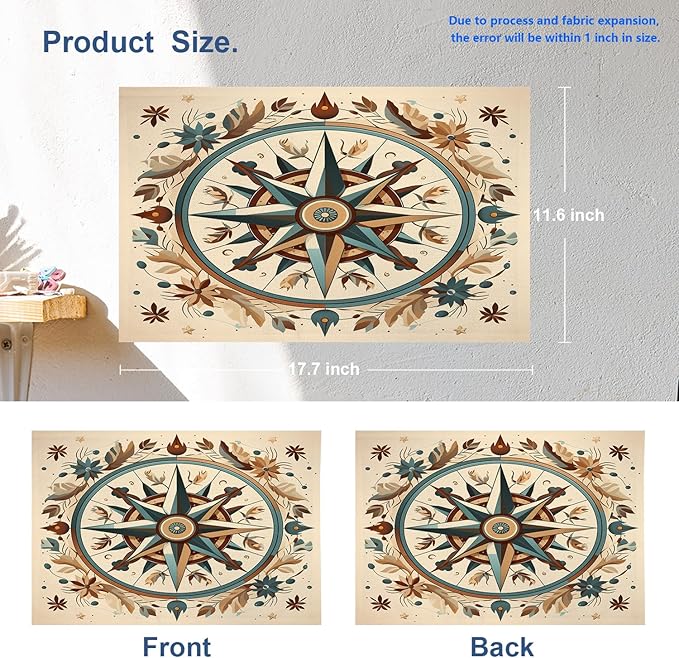 Batmerry Compass Rose Placemats, Floral Themed Design Washable Linen Table Mats for Kitchen Table Double Insulation Decor Dining Set Indoor Outdoor 12X18 in Set of 6