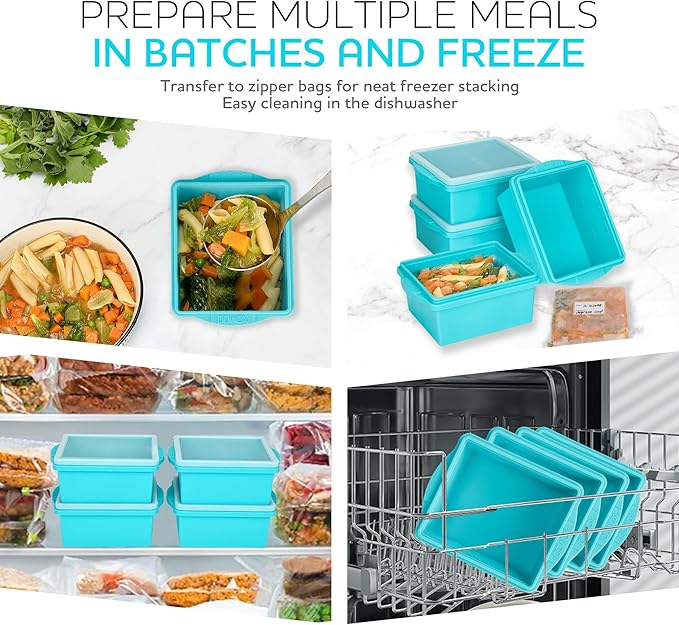 Xomoo 2 Cup Silicone Freezer Trays with Lids, Silicone Soup Freezer Molds - Leakproof, BPA-Free, Stackable, Microwave & Dishwasher Safe, Perfect for Soups, Sauces, Meal Prep, and Baked Goods - 4 Pack