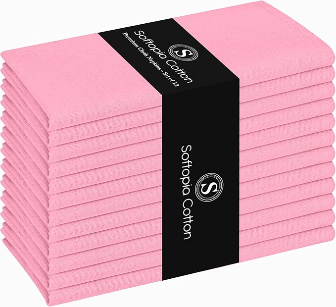 Pink Dinner Napkins 100% Cotton 17 Inch x 17 Inch, Soft, Decorative, Washable Cloth Napkin Set of 12 for Dining, Buffet Parties, Weddings, Spring Holidays, Easter - Pastel Pink