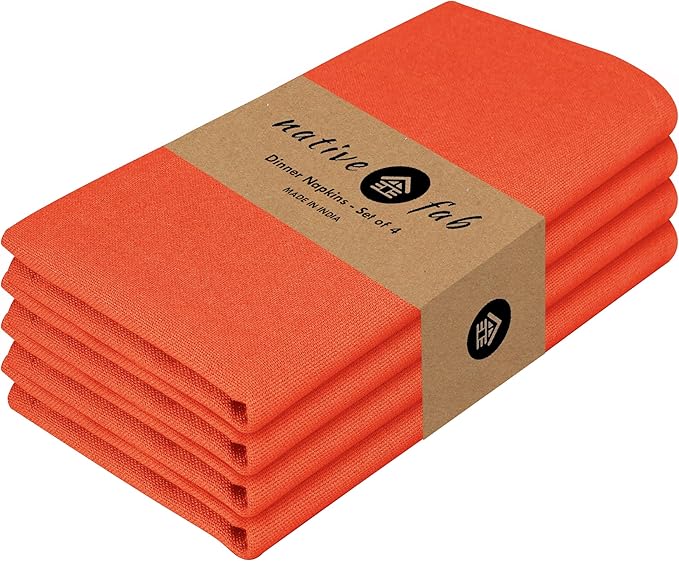 Native Fab Solid Cloth Napkin Set of 4, 100% Cotton, Washable, Reusable Dinner Cloth Napkin 17x17 inches, Table Decor Napkins for Dinner, Events, Orange