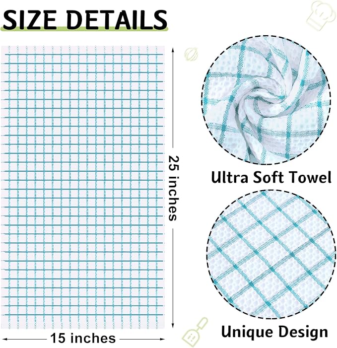 Homaxy 100% Cotton Kitchen Towels 4 Pack-15 X 25 Inches, Check Design Waffle Weave Hand Tea Towels, Super Soft and Absorbent Dish Towel for Drying Dishes, Teal