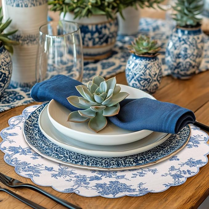 Set of 6 Round Placemats 15 Inch Cotton Scalloped Embroidery Placemat Washable Double Layered Rustic Dinner Table Mat Decor Fabric for Hotel Restaurant Kitchen(Floral/Blue,Classic)