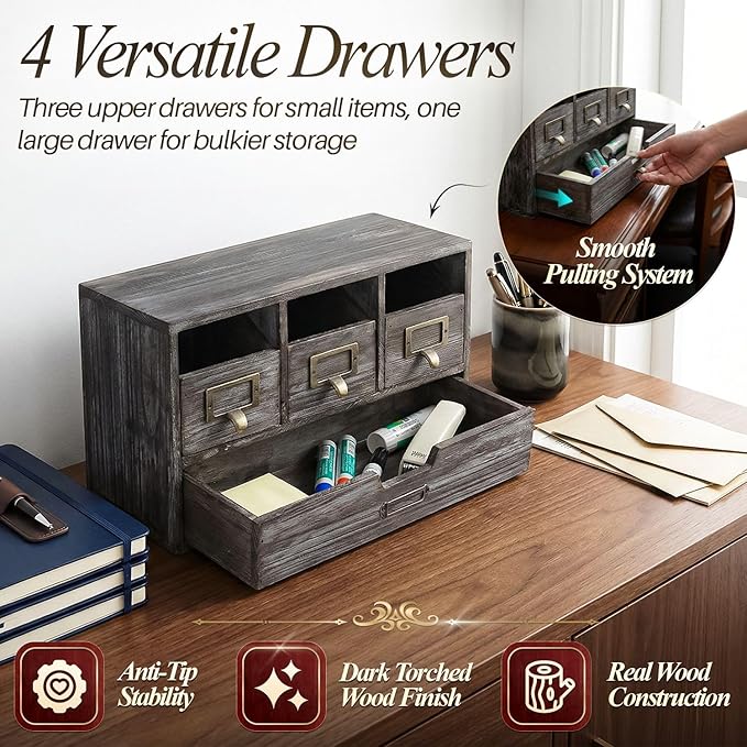 Flexzion Apothecary Cabinet with 4 Drawers - Vintage Rustic Wood Desktop Organizer for Home & Office Supplies - Tabletop Wooden Storage for Catalog, Card, Jewelry, Makeup, Craft & Tools