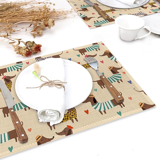 Dachshund Dogs Placemats Set of 6 Linen Heat Resistant,Love Hearts Table Mats Washable Rustic Place Mats Decoration for Home Kitchen Dining Room Party 12x18 Inch