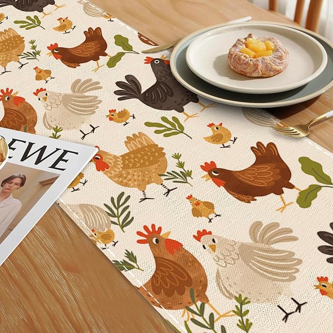 Cute Roosters Chickens Hen Table Runners 70 inches Long Table Runner Elegant Linen Dresser Scarfs Farmhouse Tablerunner for Wedding/Coffee/Dining Table/Party Home Decor