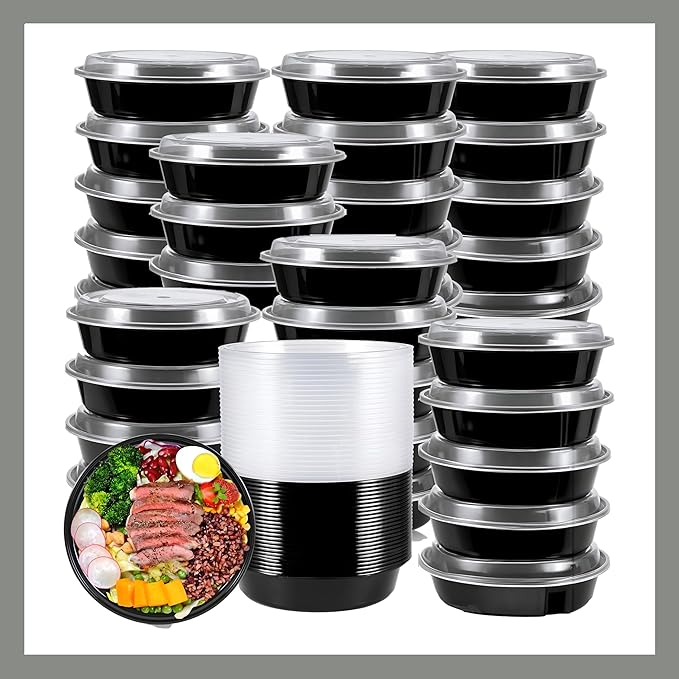 Meal Prep Containers Round [60 Set] x [28 oz] with Lids, 1 compartment, Stackable, Reusable, Leakproof, Food Safe, Microwave, Freezer & Dishwasher Safe for Food Prep Storage (60 Set, 28 oz)
