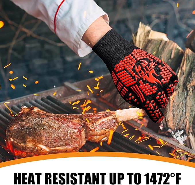 BBQ Gloves, Oven Gloves, 1472°F Extreme Heat Resistant Barbecue Gloves, Silicone Non-Slip Oven Mitts, Kitchen for Cooking, Grilling, and Baking (Red)