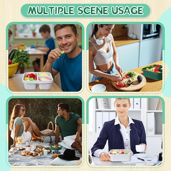 Honeydak 5 Pack Snack Containers 3 Compartment Bento Snack Boxes Divided Meal Prep Containers with Lids Reusable Adults Lunch Food Storage Box for School Work Travel(Sage Green)