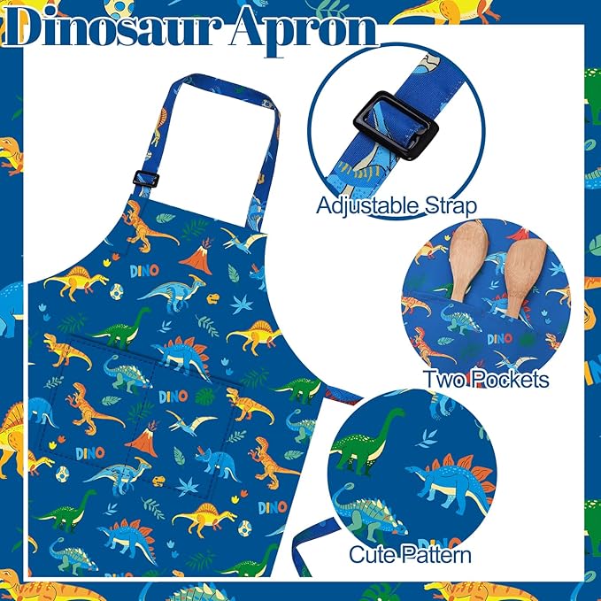 2 Pack Kids Apron and Chef Hat Adjustable Kitchen Cooking Aprons with Pockets for Girls Boys Baking Painting