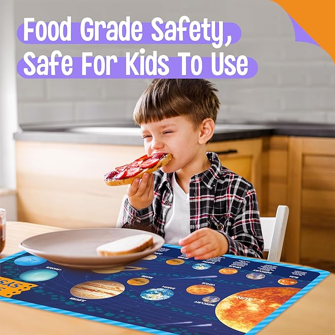 6 Pack Placemats for Kids, Non-Slip Washable, Reusable Alphabet, Number, Shape & Color, Universe, Map, Different Themed Educational Table Mats for Home, Kindergarten, Classroom, Nursery