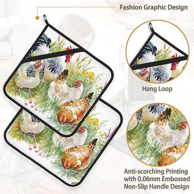 Chicken Rooster Farm Pot Holder Set of 2,Heat Resistant Potholders Oven Hot Pads for Kitchen Cooking Baking BBQ