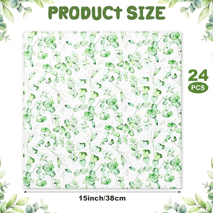 Tatuo Spring Flower Cotton Cloth Napkins Set of 24, 15 x 15 Inch Floral Dinner Napkins Soft Absorbent Washable for Family Cocktail Wedding Kitchen Dining Room Table Tea Party(Eucalyptus)