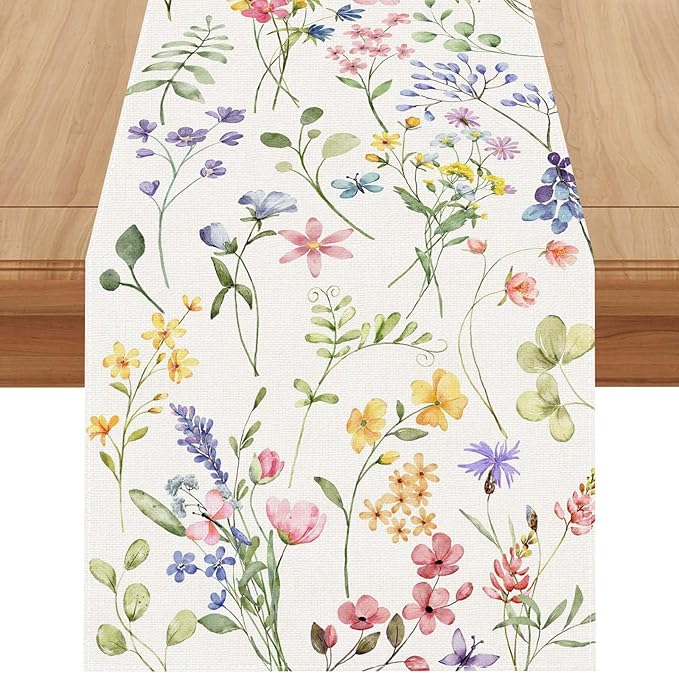 Watercolor Flowers Spring Table Runner Farmhouse Spring Summer Easter Flower Floral Home Kitchen Dining Room Table Decorations 13x120 Inch
