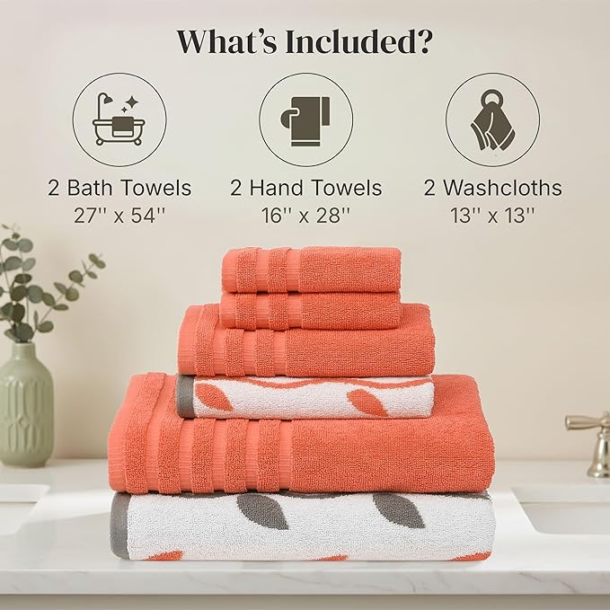 Modern Threads Natural Vine 6-Piece 100% Cotton Towel Set – Yarn Dyed Jacquard – Includes 2 Bath Towels, 2 Hand Towels, 2 Washcloths – Absorbent, Quick Dry, Soft & Durable – Rust Orange