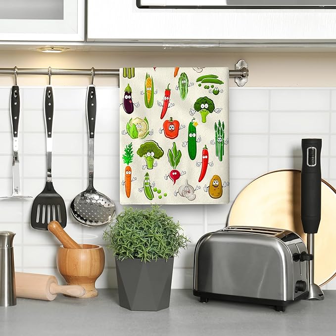 Funny Vegetables Kitchen Towels Decorative Set of 2, Soft Absorbent Cute Botanic Dish Towels Hand Towels for Kitchen Farmhouse Holiday Home Decorations
