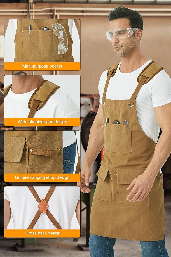 Nanxson Woodworking Apron for Men,Canvas Work Tool Apron Cross Back with Multi-Pockets Waterproof for Carpenter Woodworker