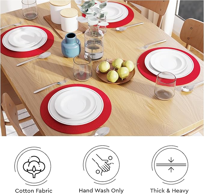 Encasa XO Dining Placemats Set of 6 | Cotton Round Table Mat - 13 in Diameter | Red | Handmade Rib Style Chargers for Dinner Plates