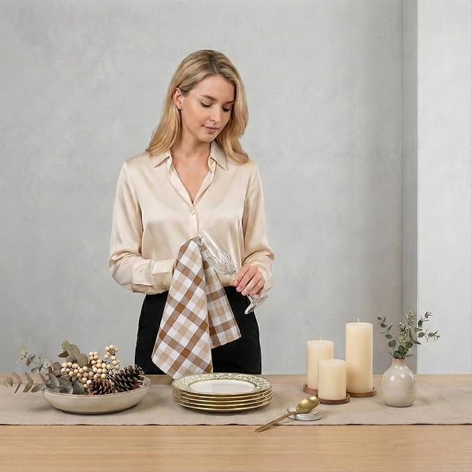 Gingham Check Napkins 12 Pack, 18x18 Inches, Reusable Table Linens, Washable Cloth Dinner Napkins for Rustic Dining, Celebrations, Stylish and Functional - Brown, White, Beige
