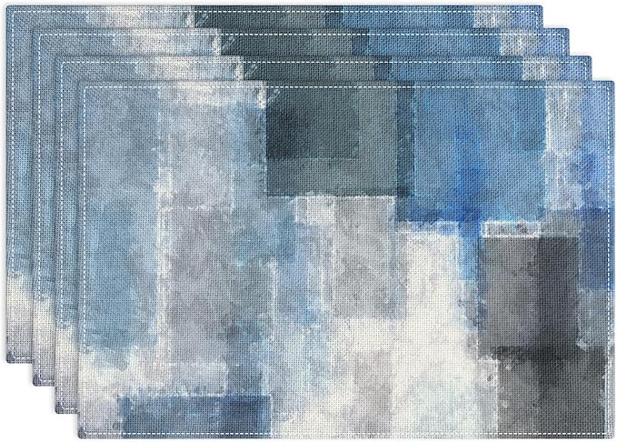 Emvency Farmhouse Placemats Set of 4, Abstract Blue and Gray Art Painting 12x18 Inch Table Mats for Outdoor Home Party Kitchen Dining Decoration