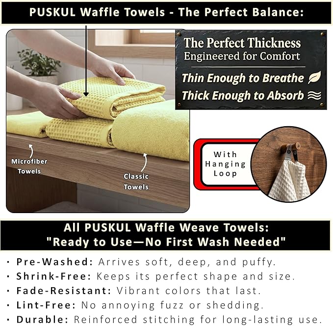 PÜSKÜL Natural 100% Turkish Cotton Waffle Bath Towels Set of 2-Piece | 32x63 Extra Large Absorbent Quick-Dry Lightweight Spa Towel | Decorative Guest Bathroom Towel (Yellow Bath Towels - Pack of 2)