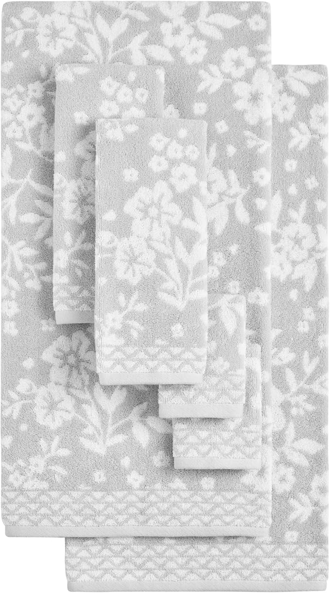 Lucky Brand Folk Floral 6 Piece Bath Towel Set - (2) Bath Towels, (2) Hand Towels, and (2) Washcloths - Glacier Grey Premium Bathroom Towel Set