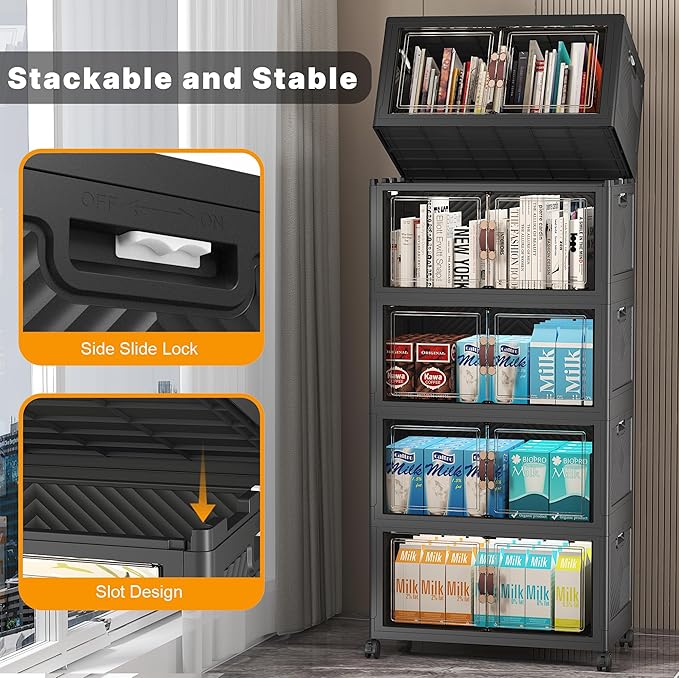 UAMFURI Stackable Storage Bins with Lids, 275QT Closet Organizers and Storage with Doors and Wheels, Extra Large Storage Cabinet, Collapsible Plastic Drawers for Bedroom Kitchen Office Garage