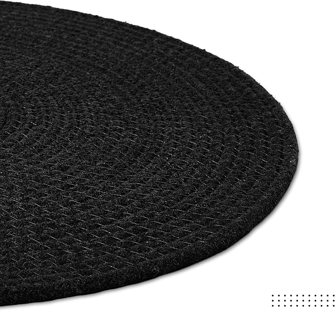 Encasa XO Dining Placemats Set of 6 | Cotton Round Table Mat - 13 in Diameter | Black | Handmade Rib Style Chargers for Dinner Plates