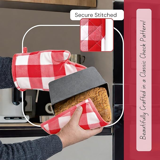 Native Fab Buffalo Plaid Check Oven Mitts and Pot Holders Set of 4, 100% Cotton Heat Resistant Kitchen Gloves, 2 Oven Mitts (7x13), 2 Pot Holders (8x8) for Cooking & Baking, Red White