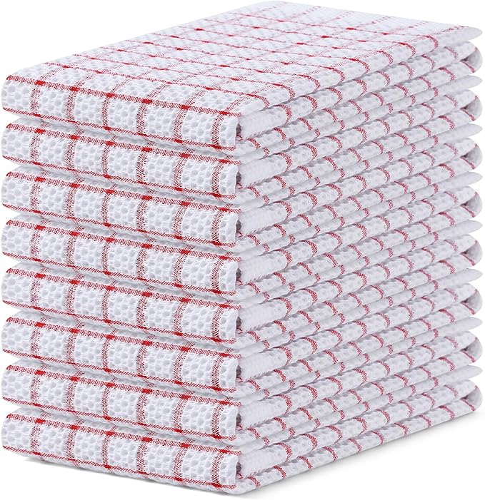 Homaxy 100% Cotton Kitchen Towels 8 Pack-15 X 25 Inches, Check Design Waffle Weave Hand Tea Towels, Super Soft and Absorbent Dish Towel for Drying Dishes, Red