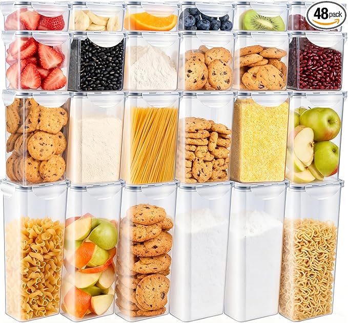 48 PCS Airtight Food Storage Containers with Locks (4 Sizes) - BPA-Free Plastic Kitchen & Pantry Organizers, Stackable Leakproof Containers for Flour, Sugar, Cereal,Snack,Pet,Meal Prep