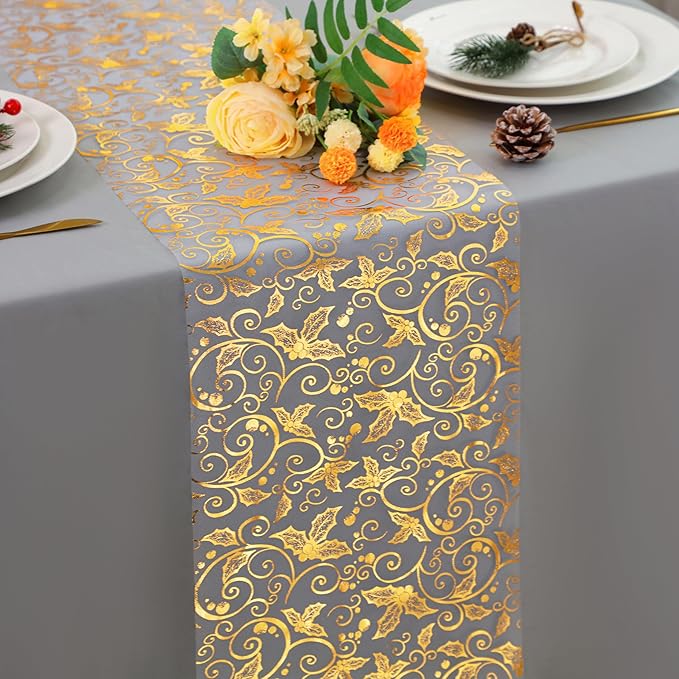 Snowkingdom 2 PCS Gold Spring Easter Table Runner 108 Inches Long, Gold Pinecone Flower Floral Table Decor for Winter Holiday Dining Kitchen Party New Year Home Decorations
