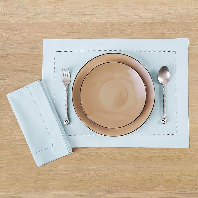 Solino Home Light Blue Placemats Set of 4 - Cotton Linen Hemstitch Placemats 14 x 19 Inch for Spring, Summer