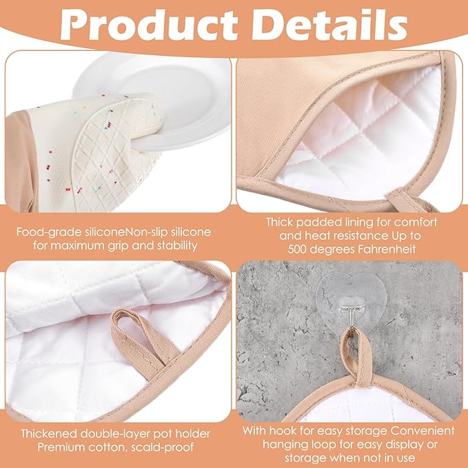 10 Pcs Kitchen Oven Mitts and Potholders Set with Hook and Oil Brush, Cooking Mittens Heat Resistant 500°F Silicone Oven Mittens for Kitchen Baking Cooking BBQ (Cream)