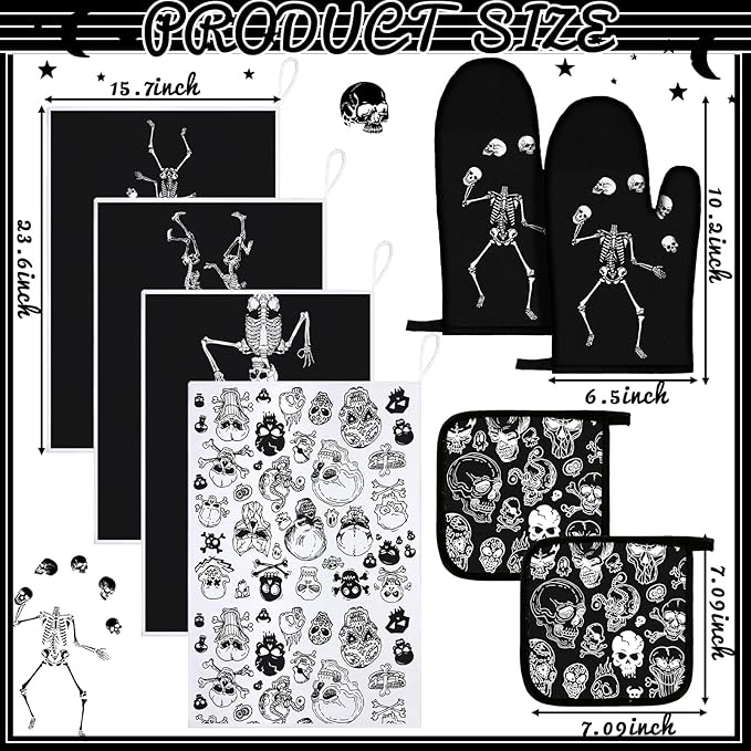 Leinuosen 8 Pcs Skull Kitchen Decor Set Kitchen Towels Gothic Oven Mitts and Pot Holders Skeleton Hand Dish Towels Horror Oven Mitts for Home Decoration Party Gifts (Black and White,Skeleton)
