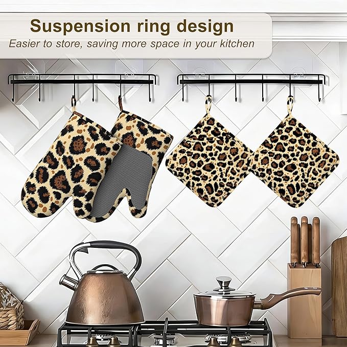 Leopard Print Oven Mitts and Pot Holders Sets of 4, Heat Resistant Silicone Oven Mitts Gloves Non-Slip Kitchen Mittens Potholders for Cooking Baking Grilling BBQ