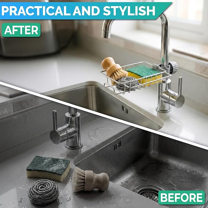 Kitchen Sink Faucet Organizer - Stainless Steel Kitchen Sink Sponge Holder Around Faucet, Rust-Resistant, 360° Rotating Design (7.0" x 5.4" x 1.69") - Fits Only 0.78" - 0.98" Diameter Pipes