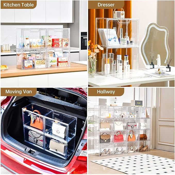 Freebat Stackable Storage Bins, Clear Acrylic Display Case, 5-Pack Acrylic Boxes with Lids, Clear Storage Containers Storage for Handbags, Collectibles & Figures
