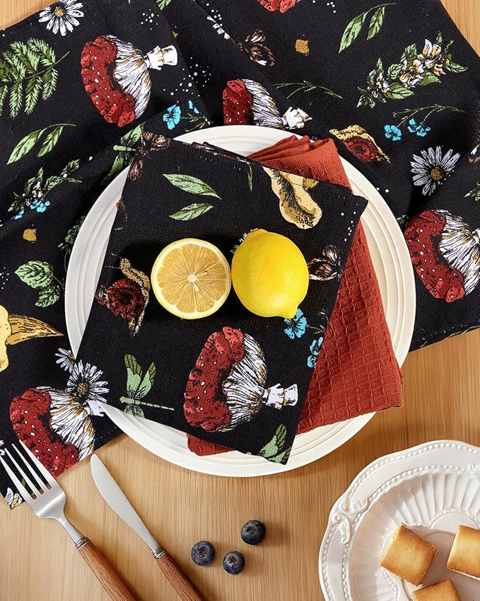 Miss Adola 3pcs Cotton Kitchen Towels - 270 GSM 15x25 Inch Terry Cloths Reusable Dish Cloths for Cleaning Absorbent Soft Hand Tea Towels with Hanging Loop for Housewarming Home Decor, Black Mushroom
