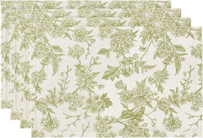 QIYI Boho Placemats Set of 4, 12x18 Inch Linen Fabric Floral Place Mats for Kitchen Dinning, Farmhouse Rustic Cloth Table Mats, Washable Placemat Party Table Décor, Green Botanical Art