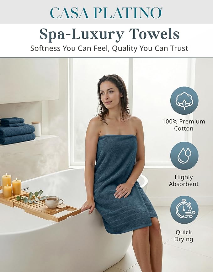 CASA PLATINO 100% Luxury Cotton Bathroom Towels Set - 12 Pc - Super Soft, Quick Dry & Highly Absorbent - 4 Bath, 4 Washcloth, 4 Hand Towels - Premium Hotel Quality, Ideal for Spa & Salons - Steel Blue