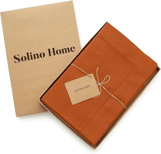 Solino Home Cinnamon Cotton Linen Napkins Set of 4 - Hemstitch Dinner Napkins 20 x 20 Inch for Mothers Day - Handcrafted and Machine Washable